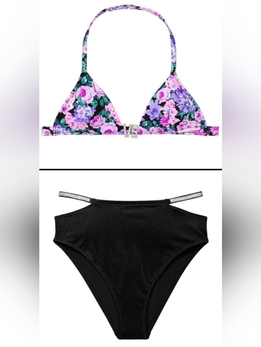 XS/XS S/S VS Swim VS Hardware Triangle HightWaist Cheeky Bikini Set Black Floral